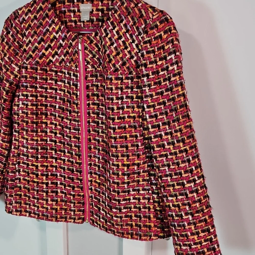 Chico's Pink Blazer with Geometric Pattern and Standard Collar